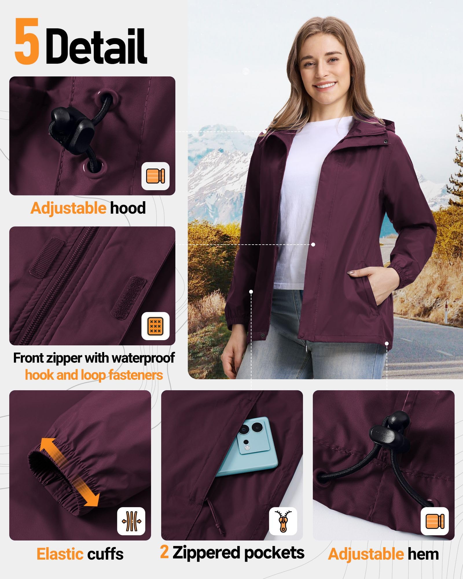 Outdoor Ventures Chubasquero para mujer, resistente al agua, cortavientos, chaqueta ligera de entretiempo con capucha, chaqueta de ciclismo y exterior