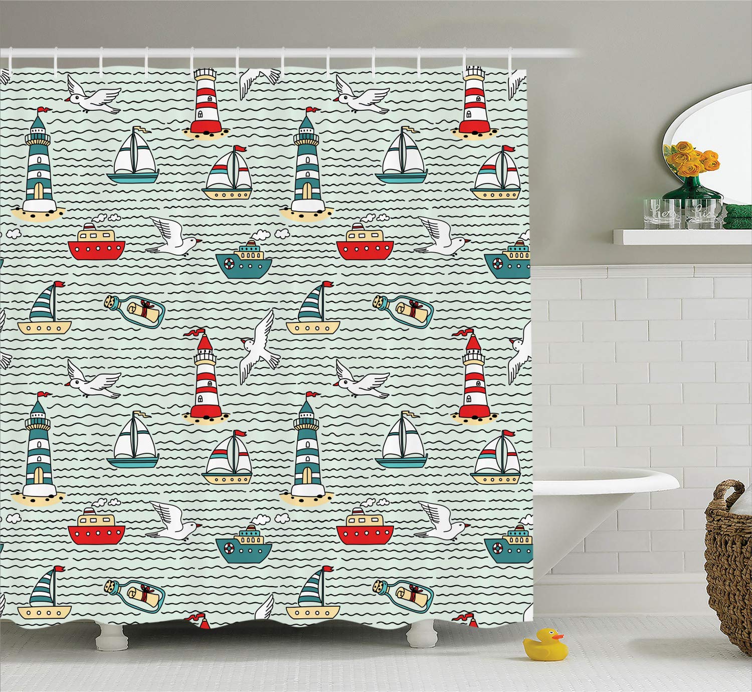 Ambesonne Lighthouse Shower Curtain, Seagulls Lighthouses Message Bottles Steamboats Sailboats Wavy Pattern Nautical, Cloth Fabric Bathroom Decor Set with Hooks, 75" Long, Teal Red