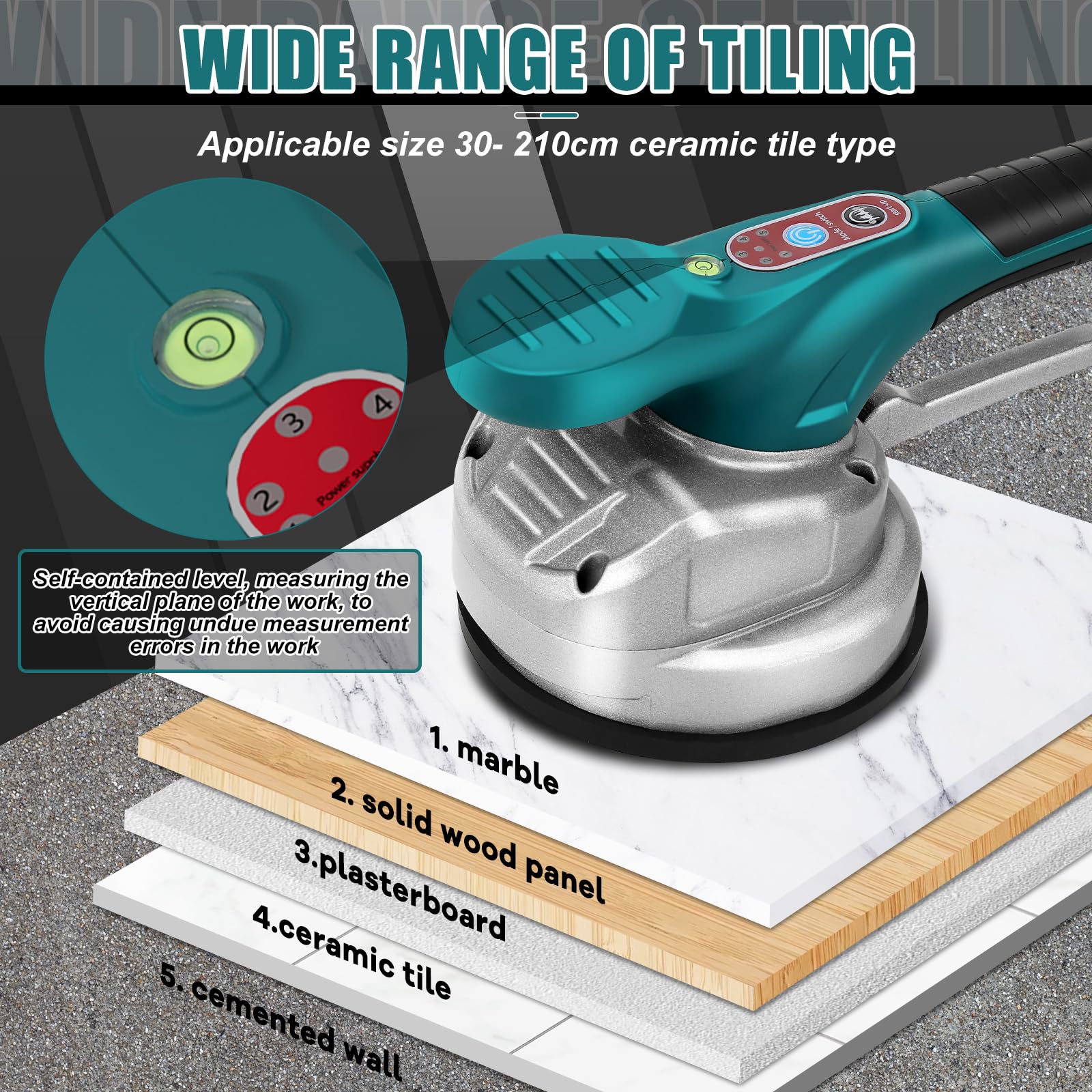 WingFly Vibratore per Piastrelle per Makita 18 V batteria, Strumenti per Piastrellista con 6 Marce Regolabili, ventosa da 13 mm, Adsorbimento per piastrelle da 30 – 240 cm