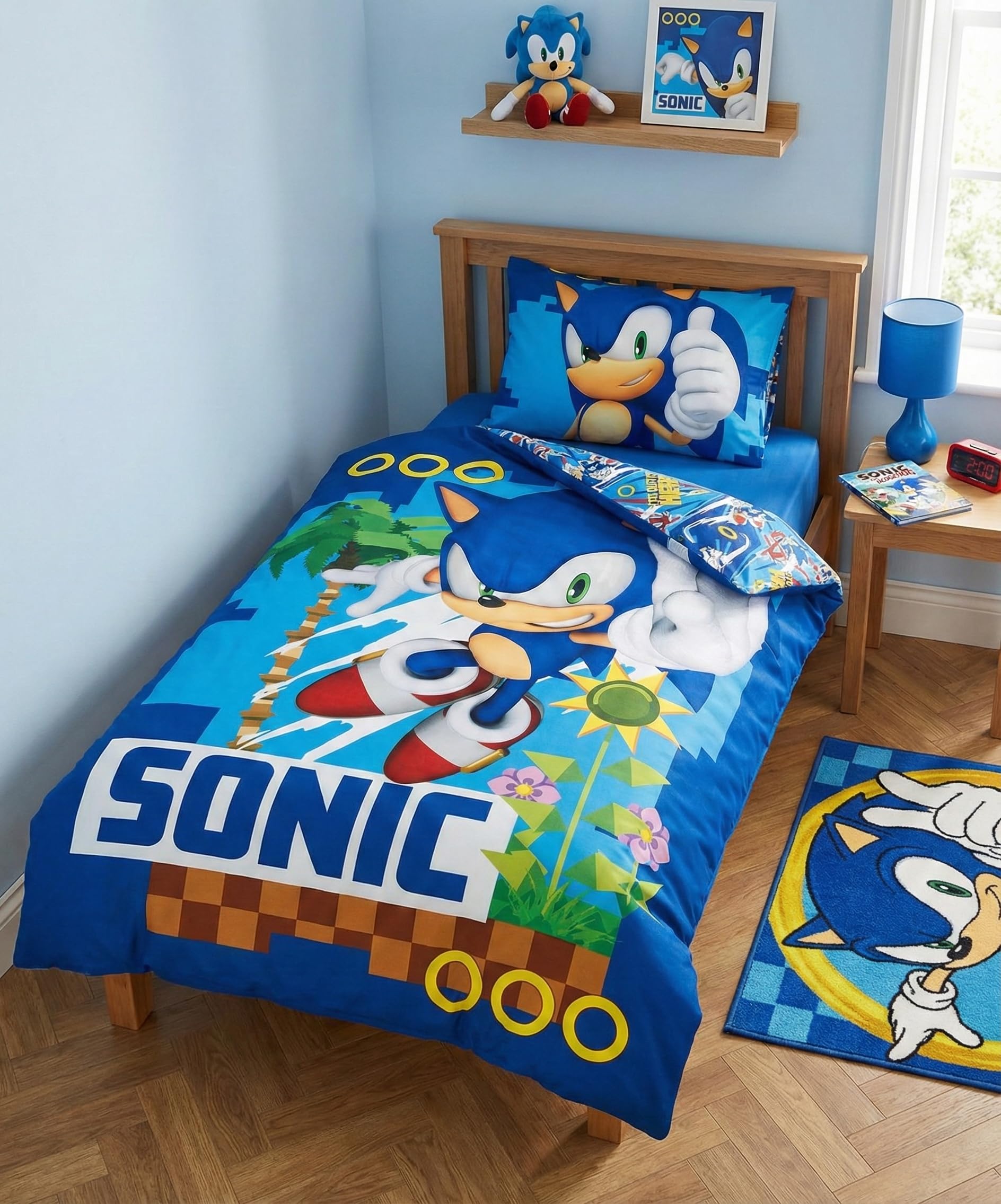 BrandMac Parure da letto per bebè Sonic Le Hedgehog, copripiumino 100 x 135 cm e federa 40 x 60 cm, 100% cotone Oeko-TEX reversibile 2 in 1, ideale per letto a sbarre, transizione e junior – Design