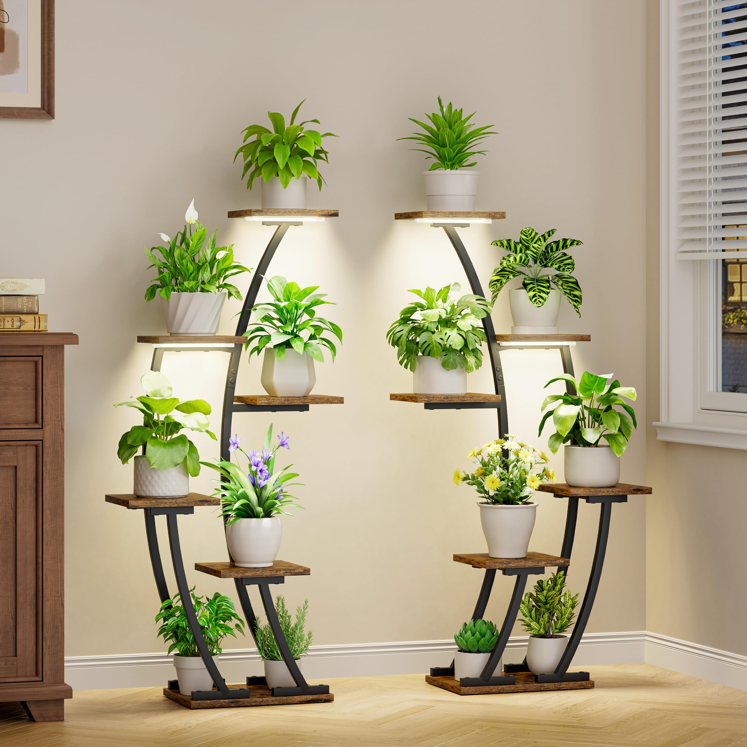 BACEKOLL Plant Stand Indoor with Grow Lights, Plant Shelf Indoor 2 Pack, Corner Plant Stands for Indoor Plants, 6 Tiered Plant Flower Display Shelf,