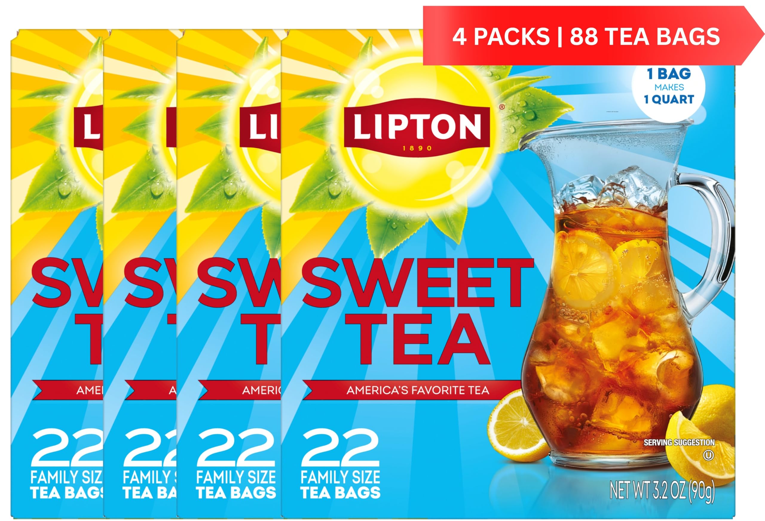 Lipton Southern Sweet Tea Iced Tea Drink Mix 22 Family Size Tea Bags (Pack of 4)