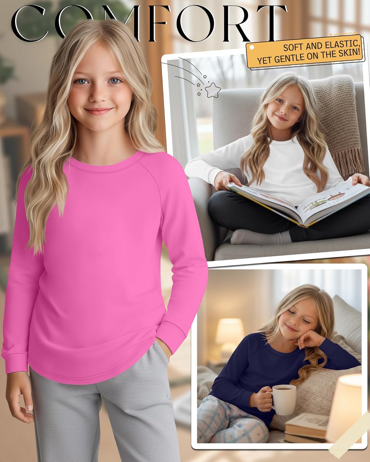5 Pack Girls' Long Sleeve Shirts Curve Hem Crewneck Tops Raglan Loose Fit Casual Kids Basic Tees Fall - Image 5