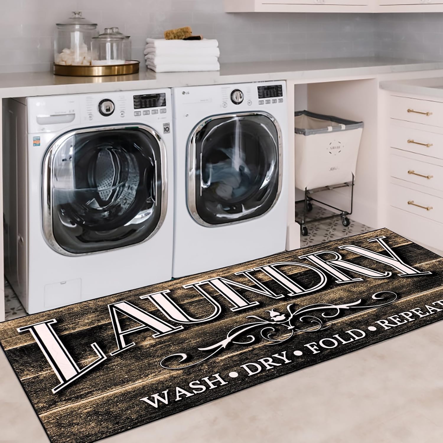 Laundry Room Rug Runner - 6Ft Long Kitchen Mat for Floor, Thin Wood Printed, for Farmhouse Washhouse Sink Entrance Indoor Decor, Nonslip Washable Vintage, 2X6Ft, Coffee