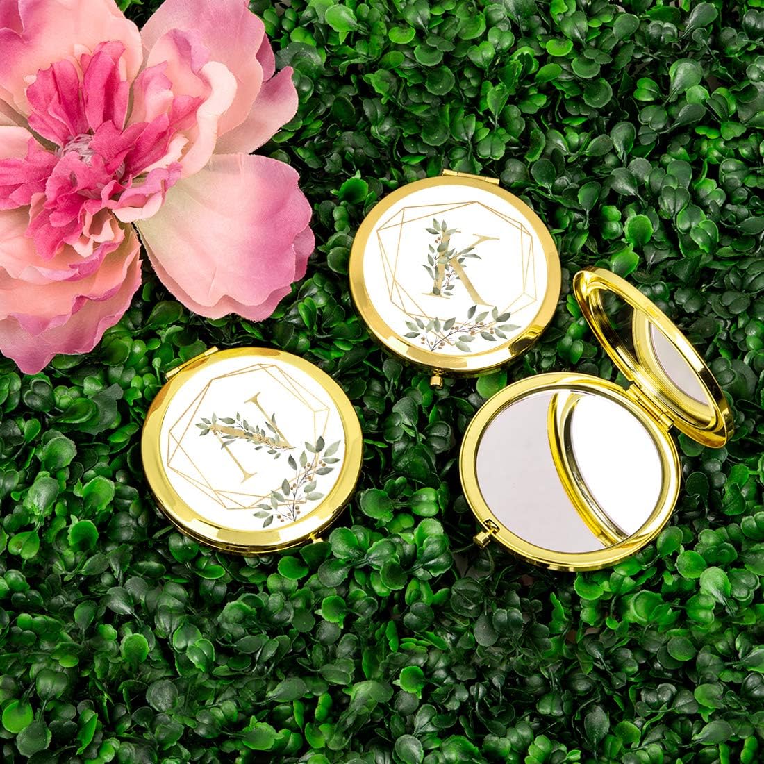 Andaz Press Gold Compact Mirror Bridesmaid's Gift, Monogram Initial Letter N, Geometric Gold Frame Greenery Green Leaves, Wedding Gifts Ideas for Maid of Honor