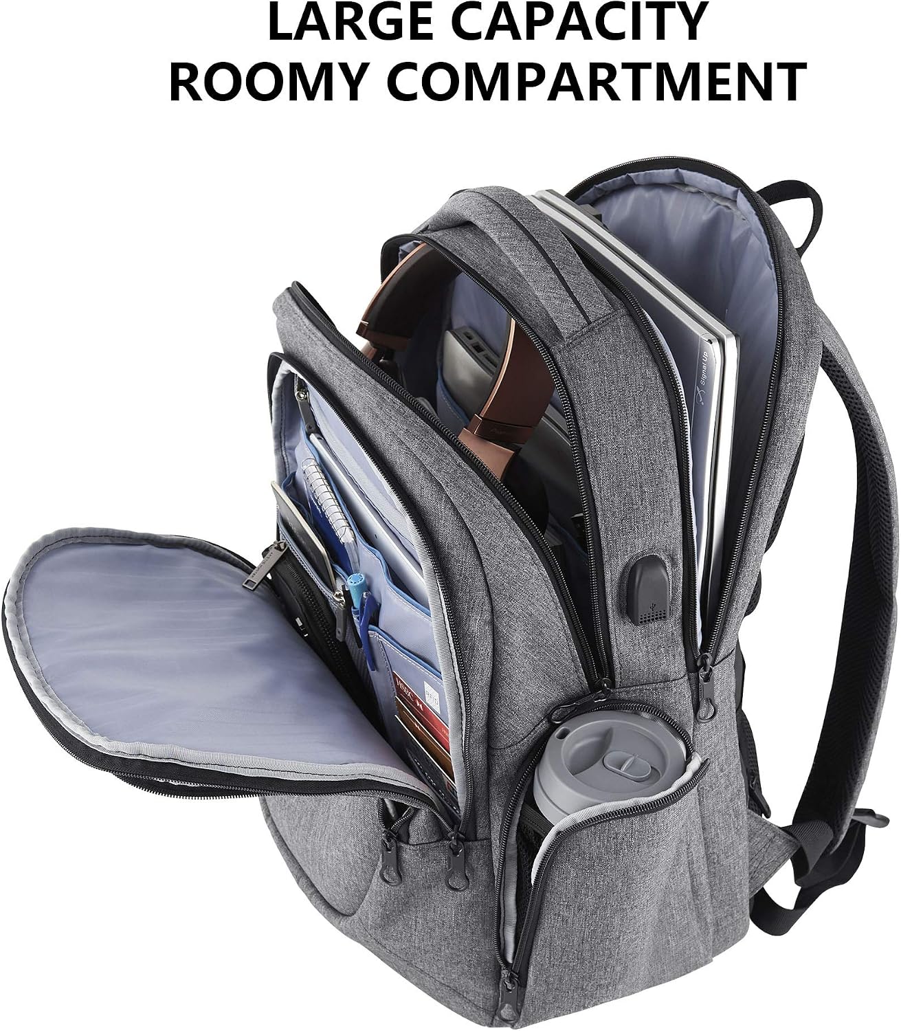 KROSER Travel Laptop Backpack 17.3 Inch Molded Front Panel Large Computer Daypack Water-Repellent with RFID Pockets USB Charging Port for Work/Business/College/Men/Women-Grey