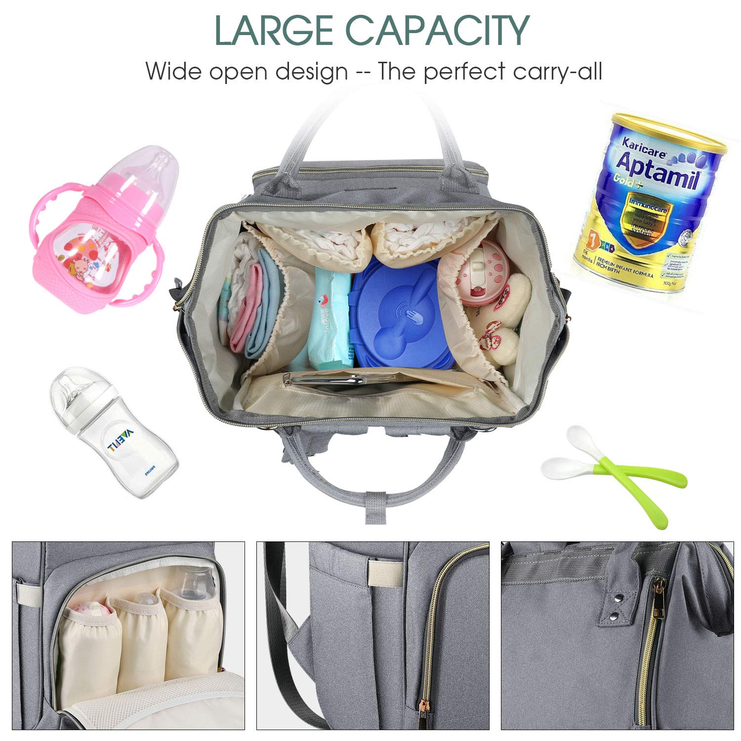 Iduola Diaper Bag Backpack, Multifunction Back Pack with 2 D Rings & Pacifier Case, Large Capacity Waterproof Portable Maternity Baby Nappy Bag, Unisex and Stylish (Gray)