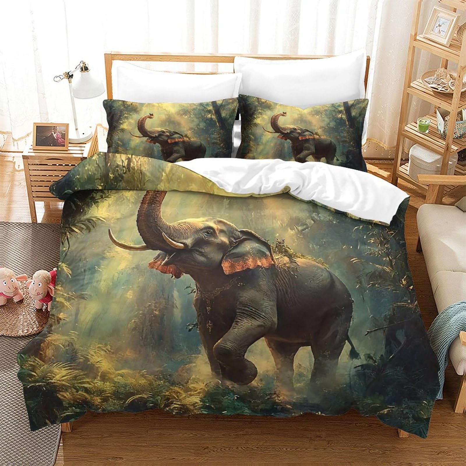 YYVKPMLXC Duvet Cover Set Elephant, Bedding Set Rainforest Wildlife 3D Pattern Easy Care Quilt Cover 3pcs, Comforter Cover with Zipper Closure for Kids Teens Adults Bedding Double（200x200cm）