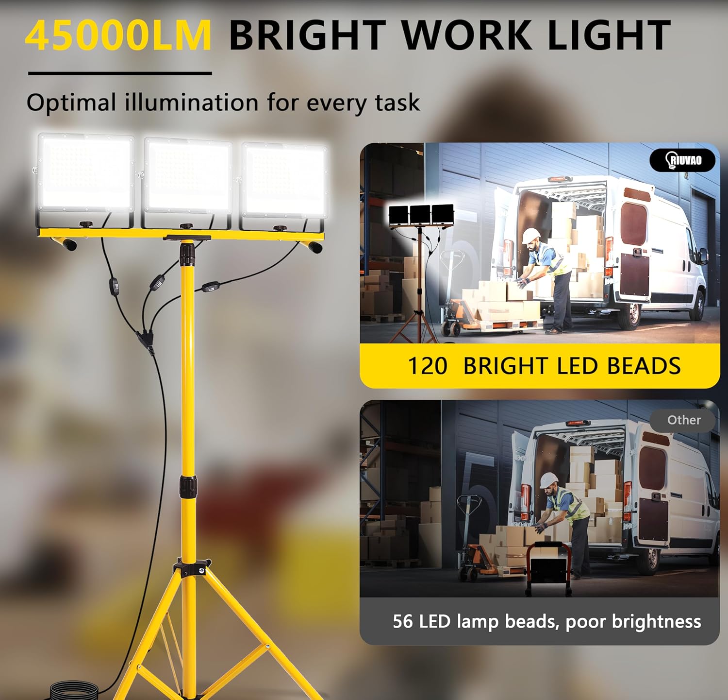 45000 Lumen LED Work Lights with Stand - 3 Head Portable Work Light with Tripod - IP65 Waterproof Tripod Work Lights for Outdoor Indoor Job Site Workshop Garage Construction Site Lighting - Image 3
