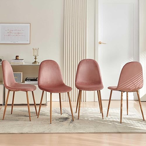 Miniatura 6 de Juego de 4 sillas de comedor de terciopelo, sillas de cocina con patas de metal para sala, dormitorio, restaurante, sillas rosas para comedor, juego