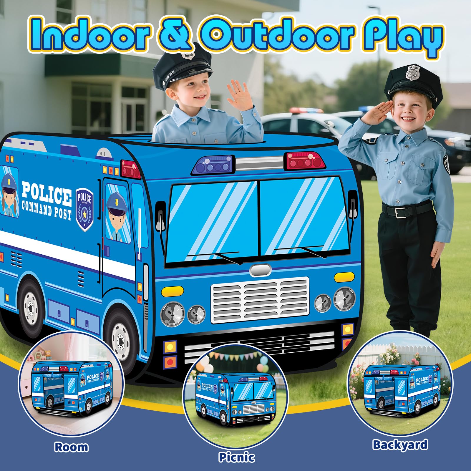 Tente Pop-up Voiture De Police Pour Enfants – 112x75x70 Cm – Tissu Oxford, 3 Ouvertures – Jeu Intérieur/Extérieur