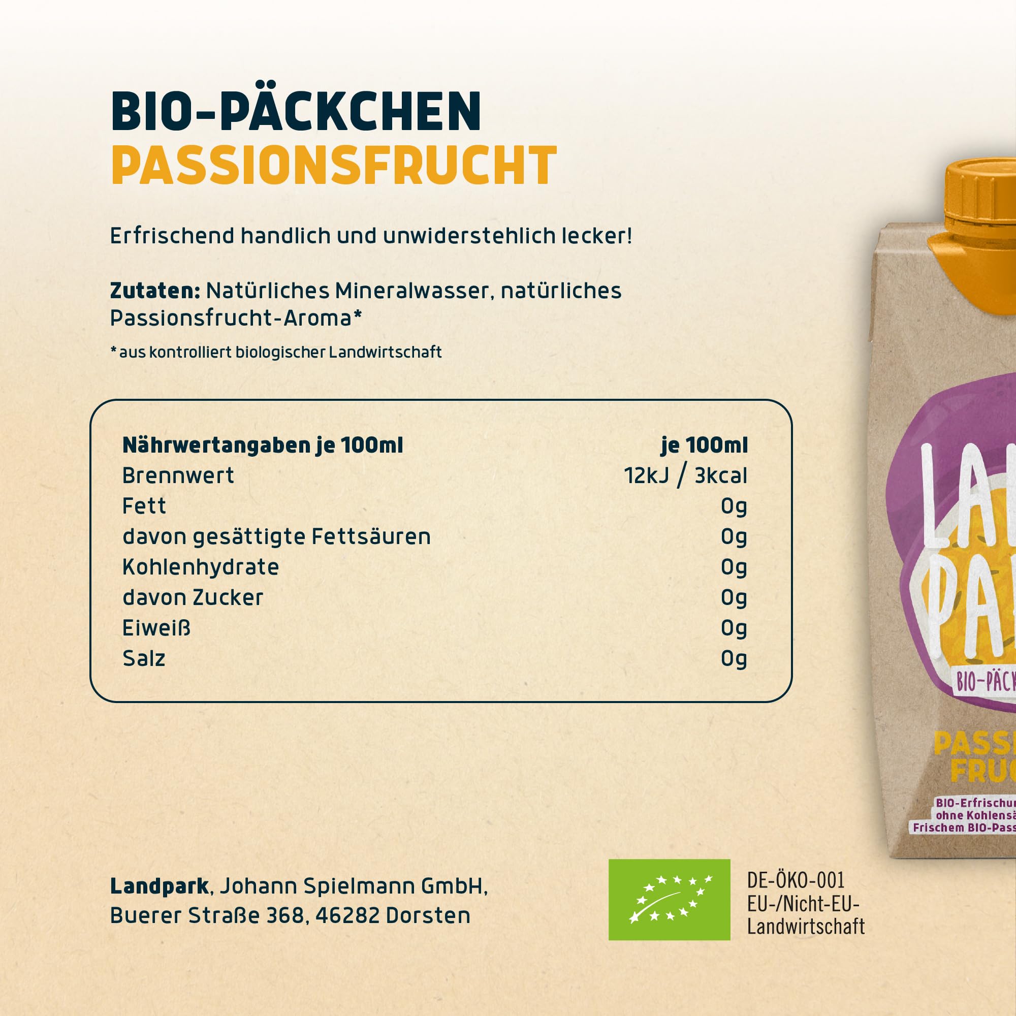 Landpark Bio-Erfrischungsgetränk Passionsfrucht (48er Pack) - Ohne Zucker und Süssungsmittel - Wasser mit Geschmack und Bio-Fruchtaroma