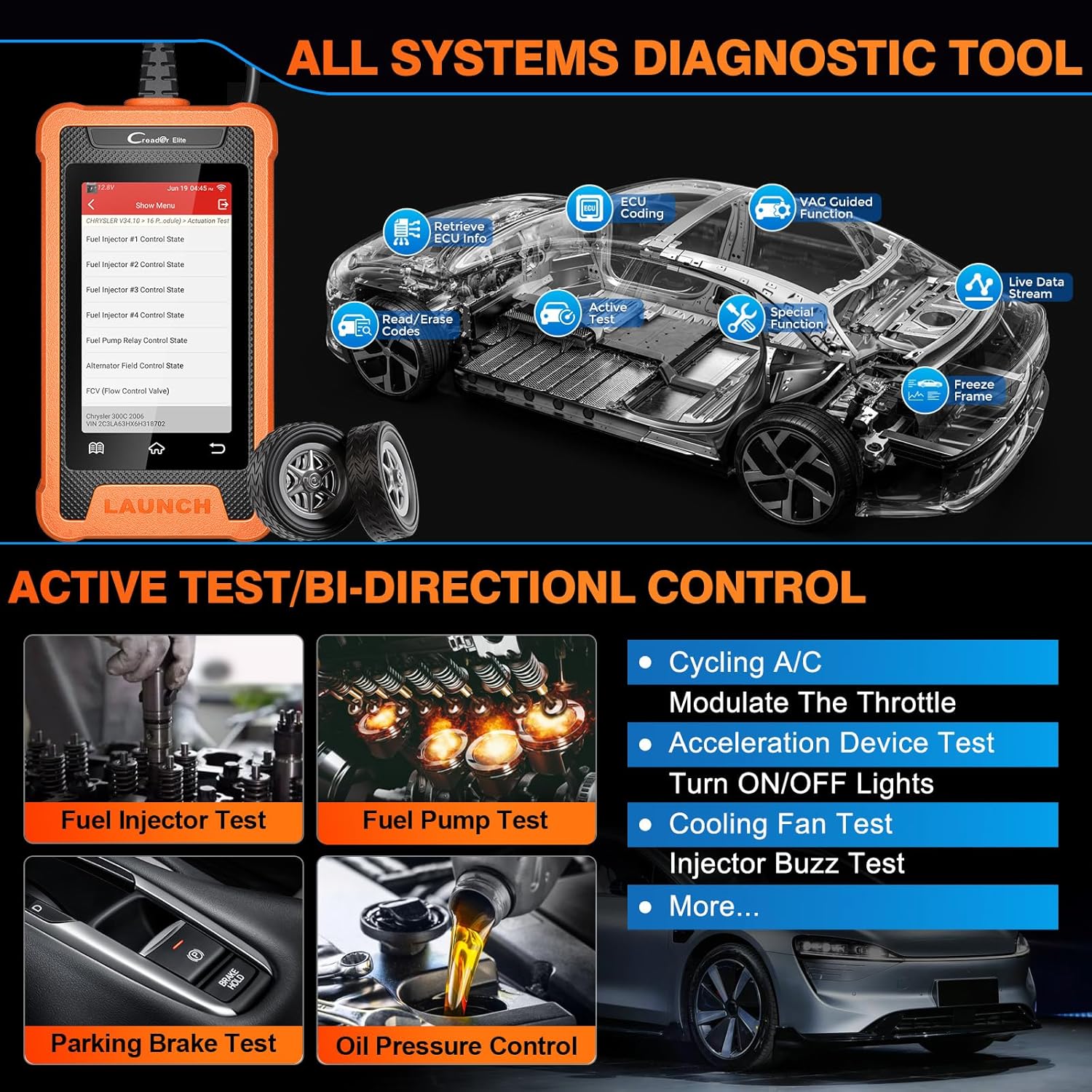 LAUNCH Creader Elite OBD2 Scanner Fit for Chrysler Dodge Jeep Ram,Full Systems Code Reader with All Resets,Active Test,Battery Matching Bi-Directional Diagnostic Scan Tool