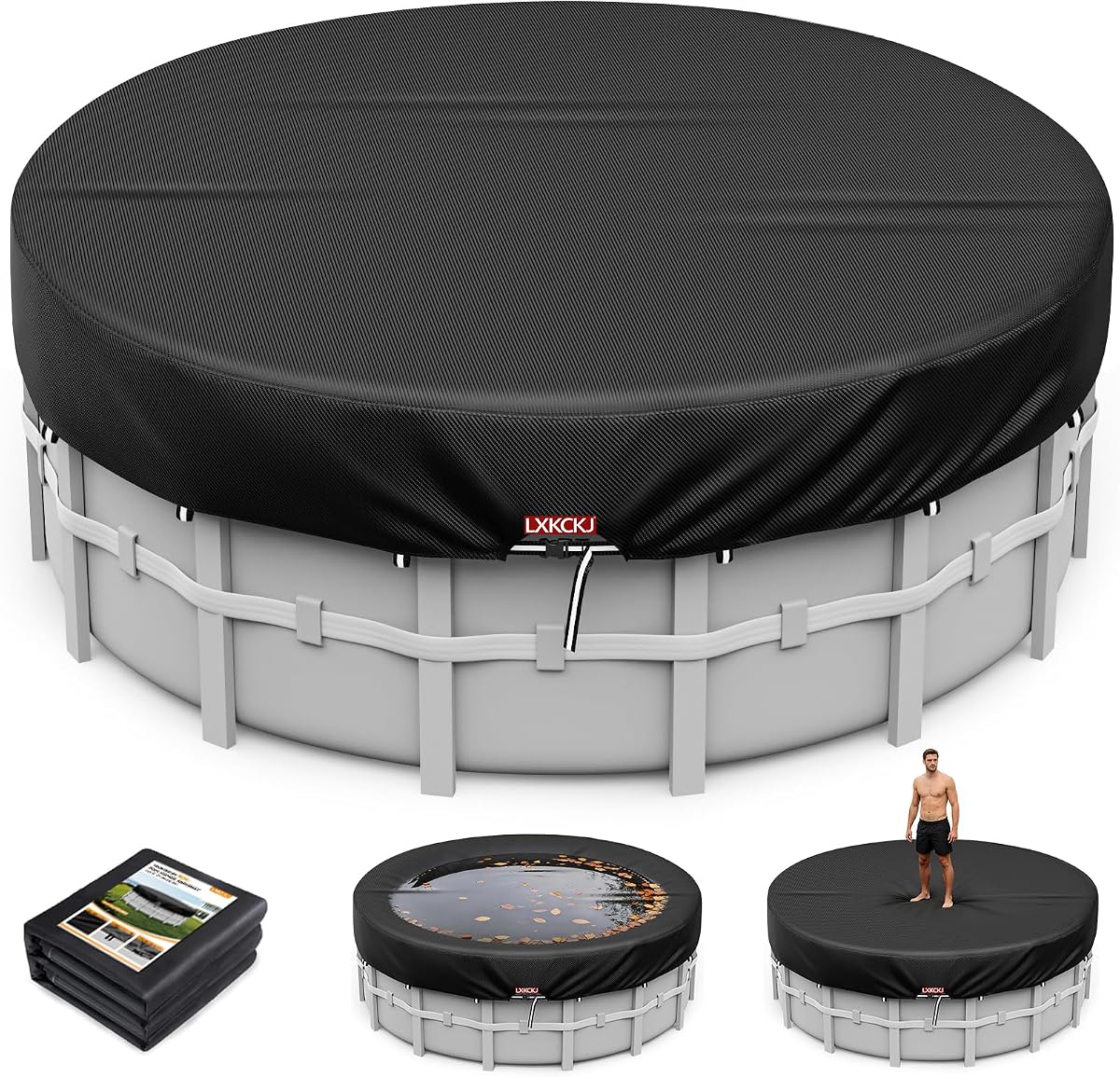 Cubierta de piscina de 12 pies para piscina elevada, lona Oxford solar redonda 420D | 100 MPH a prueba de viento con 2 hebillas y anillos de peso, 634N resistente al desgarro, impermeable 10000 PA, protección UV, corta la evaporación