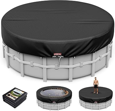 LXKCKJ 10 Ft Pool Cover for Above Ground Pool, Round 420D Solar Oxford Tarp | 100MPH Windproof with 2 Buckles and & Weight Rings, 634N Tear-Resistant, Waterproof 10000PA, UV Protection, Cuts Evaporation