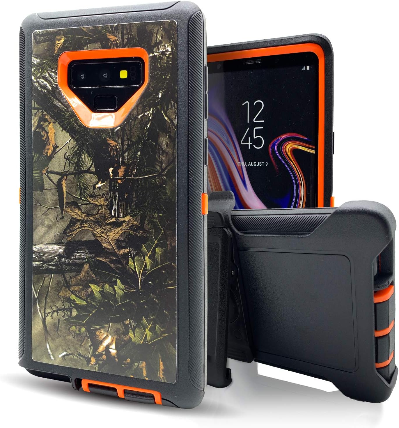 Samsung Galaxy Note 9 Case,Vodico Durable Heavy Duty Camo Defender Non Slip Secure Grip Shockproof High Impact Resistant TPU Cushion Frame Cover with Belt Clip Holster&Kickstand (Forest Orange)