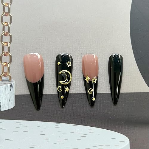 Miniatura 2 de Uñas postizas a presión estilo stiletto, uñas postizas de Halloween, uñas negras de bruja con diseños de estrellas y luna, uñas acrílicas brillantes