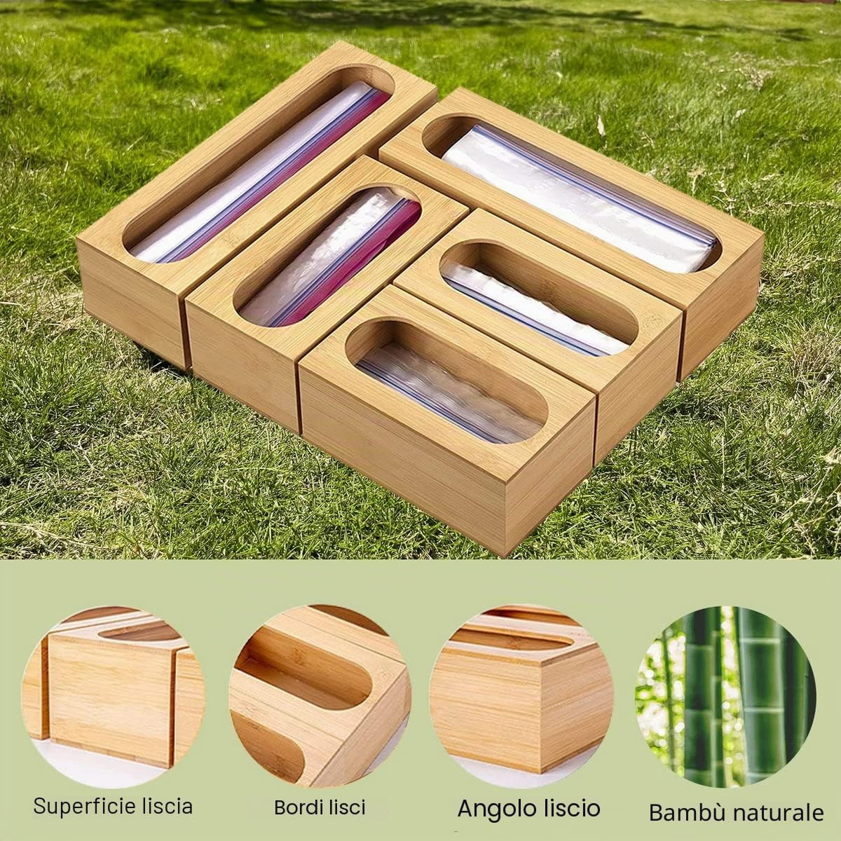 5 confezioni di organizer per sacchetti di bambù per la conservazione degli alimenti, organizer per sacchetti portaoggetti per la cucina, contenitori per cassetti compatibili con sacchetti da gallone
