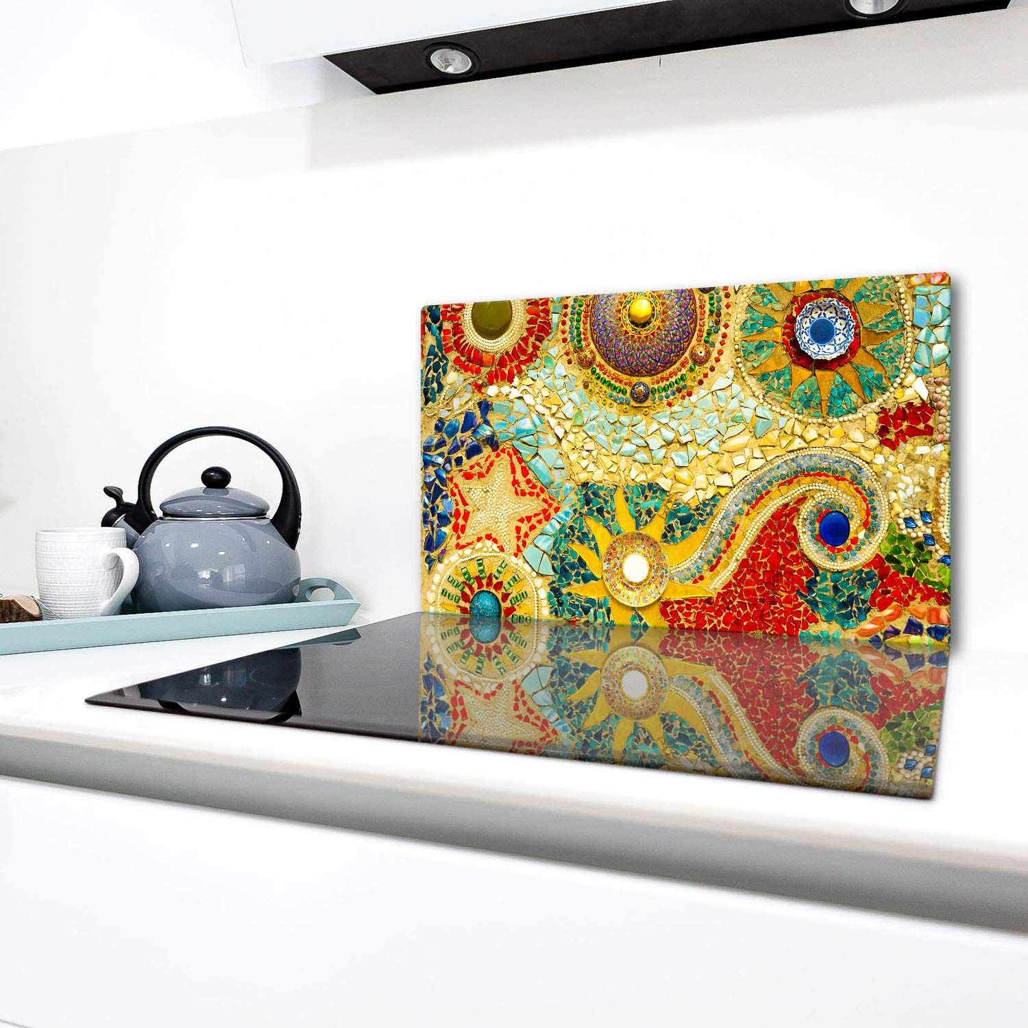 TMK | Herdabdeckplatte 90x52 cm Glas Ceranfeldabdeckung Induktion Herdschutz Spritzschutz Glasplatte Deko Schneidebrett, Mosaik