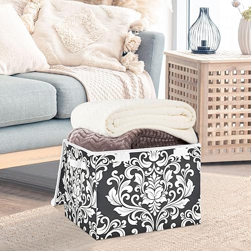 Miniatura 5 de Cesta de almacenamiento con diseño floral barroco de damasco negro con tapas y asa, cubo de almacenamiento grande plegable para estantes, armario,
