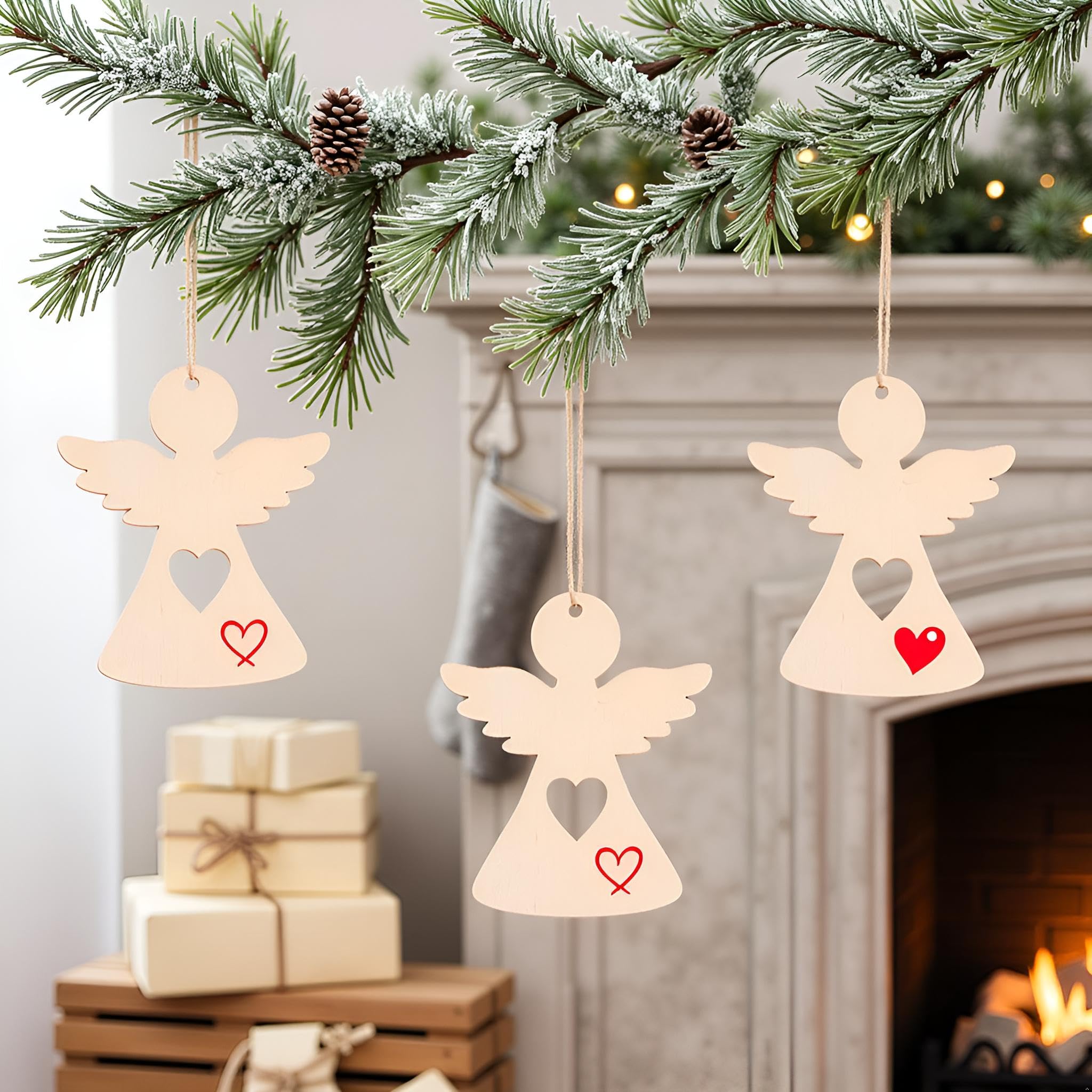 20 Stück Weihnachtsanhänger Holz Engel - Christbaumschmuck Deko 6cm Mit Baumwollschnur