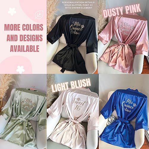 Miniatura 7 de Custom Glitter Short Robe with Crown, Tiara, Ring Symbol, Personalized Satin Robe For Bridesmaids or Quinceañera Sweet Sixteen Birthday Parties,