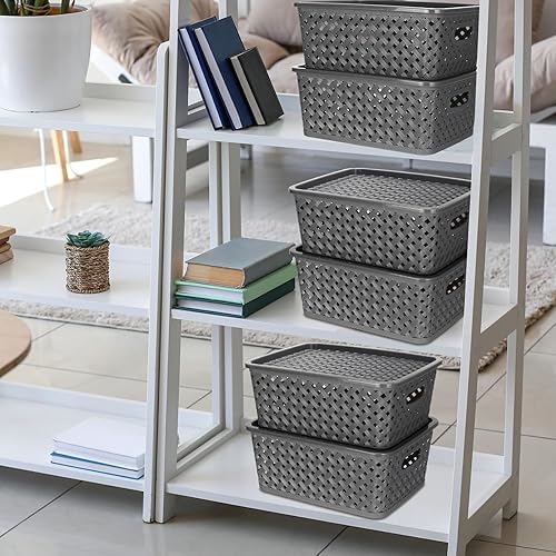 Miniatura 6 de FoldTier Paquete de 6 cestas de almacenamiento de plástico apilables, contenedores organizadores de punto para estantes, cajones, gabinetes,