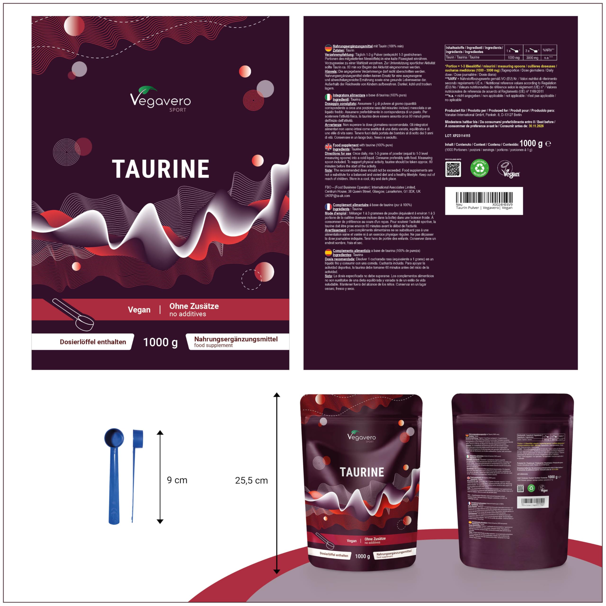 Taurina in Polvere | 1 Kg | 3000 mg per Dose Giornaliera | Integratori Sport Pre e Post Workout | Energizzante Altamente Dosato | Vegan | Senza Additivi | Vegavero®