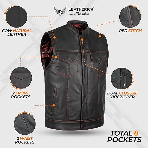 Miniatura 3 de Leatherick Mens Black Motorcycle Vests - Top Grain Cow Leather SOA Club & Traditional Paisley Satin Liner Leather Biker Vests