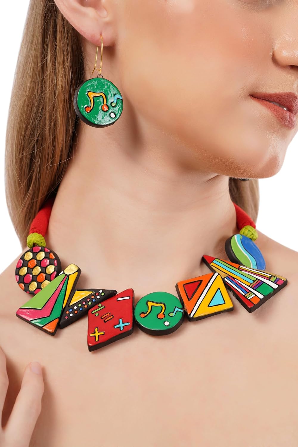 Bold Multicolor Geometric Terracotta Jewelry Set Hand-Painted Clay Necklace with Earrings | Artisan Handmade Statement Boho Jewelry for Women | Gift for Her
