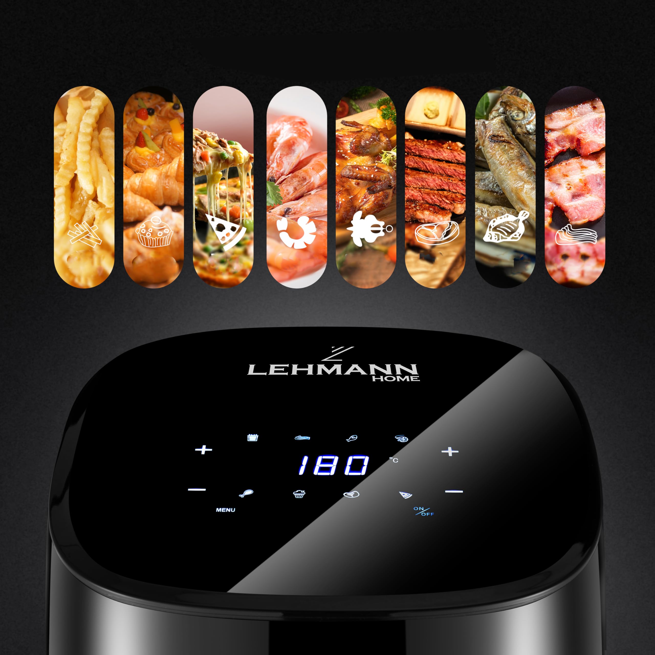 LEHMANN Friggitrice ad Aria, 1400 W, 3,5 Litri, Air Fryer con 8 Programmi, Fino 200°C, 80% di Grassi in Meno, Friggitrice Efficiente senza Olio con Tecnologia Air Fry per Grigliare, Cuocere al Forno