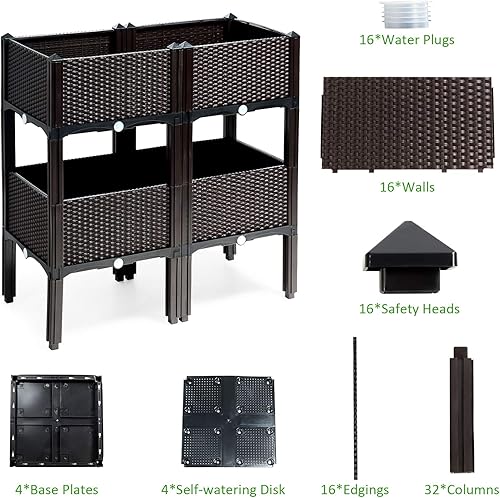 Miniatura 8 de HAPPYGRILL Juego de 4 jardineras elevadas con agujeros de drenaje y patas extraíbles, para exteriores, para patio, balcón