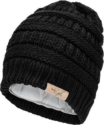 Curly Girl Method Approved Satin Lined Beanie Winter Hat for Women with Natural Curls, Warm Cable Knit Cap for Hair Care