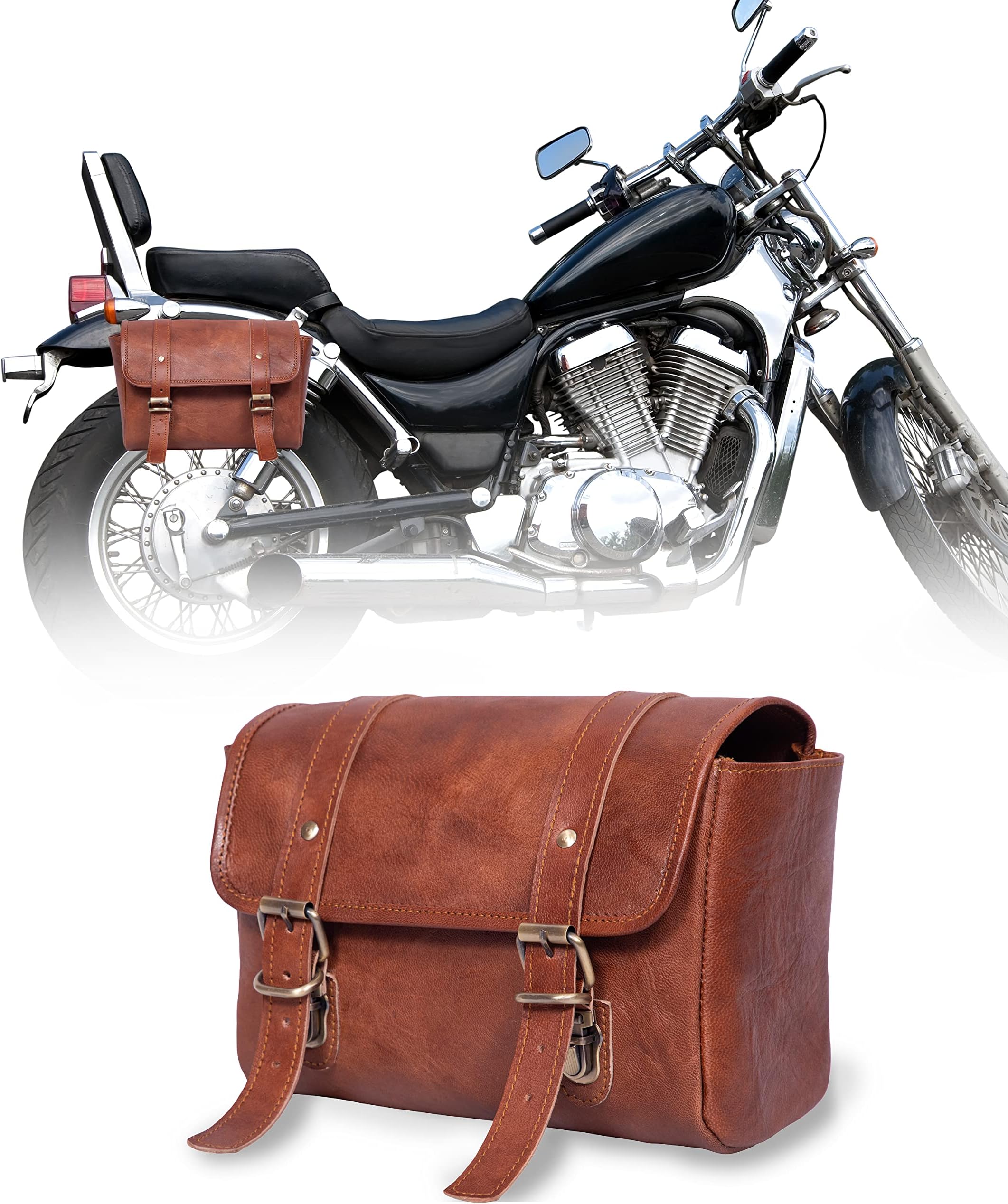 Saddlebags 2 Bag Brown Leather Side Motorcycle Side Pouch Saddle - Foto 2