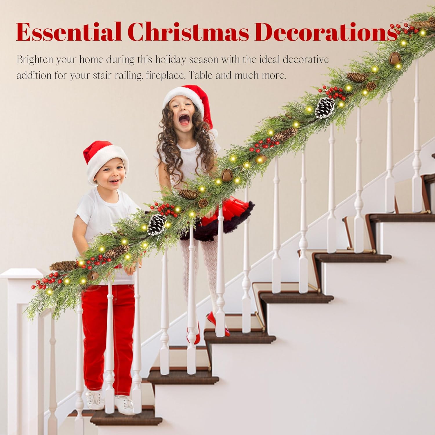 6FT Christmas Cedar Garland with Lights,Artificial Realistic Battery Operated Green Garland Christmas Decorations for Home Mantel Stairs Railing Dining Table Winter Decor