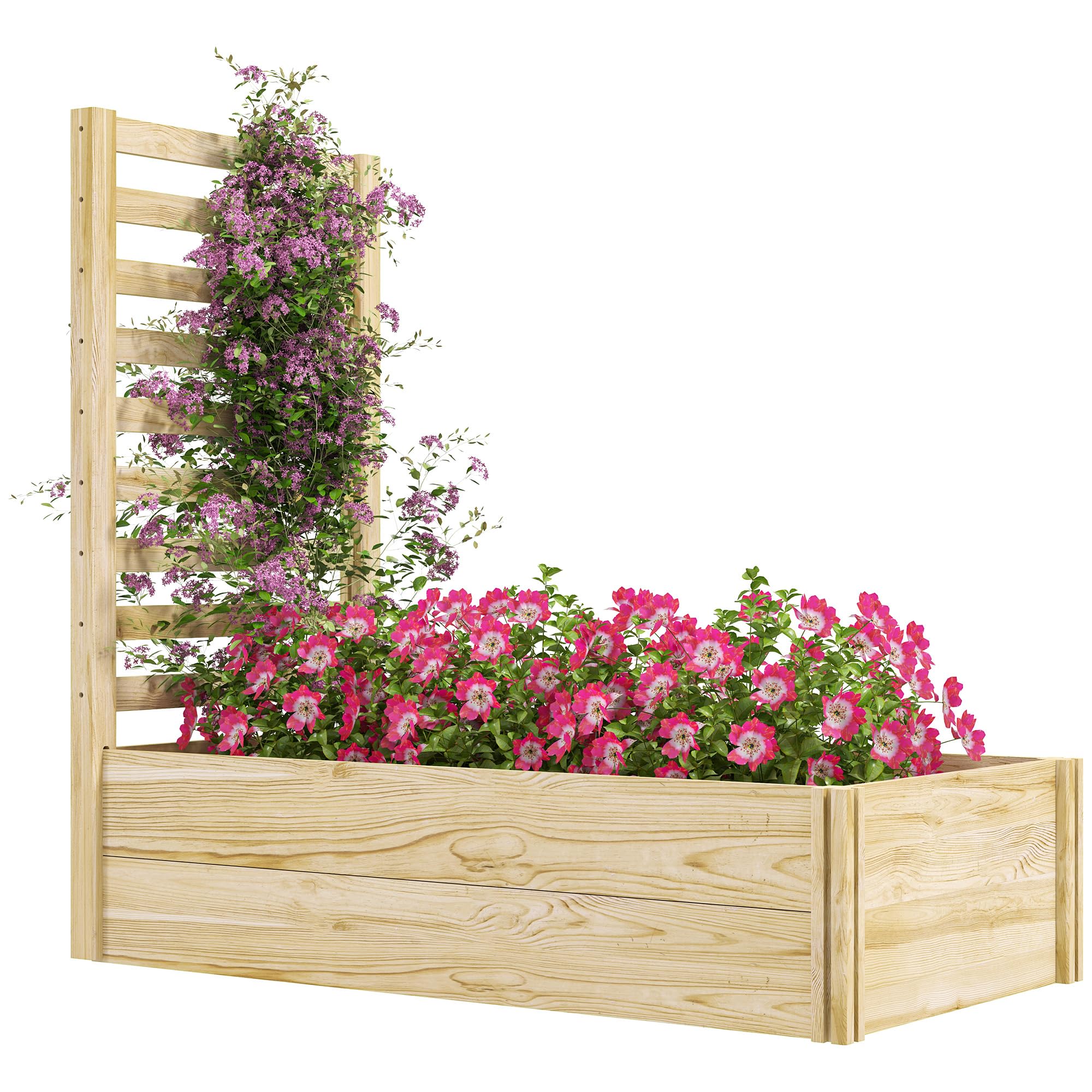 Outsunny Letto per Orto Rialzato da Esterno con Spalliera e Fondo Aperto, Fioriera con Traliccio per Piante Rampicanti in Legno di Abete, per Piante, Fiori, 115x60x110 cm, Color Legno