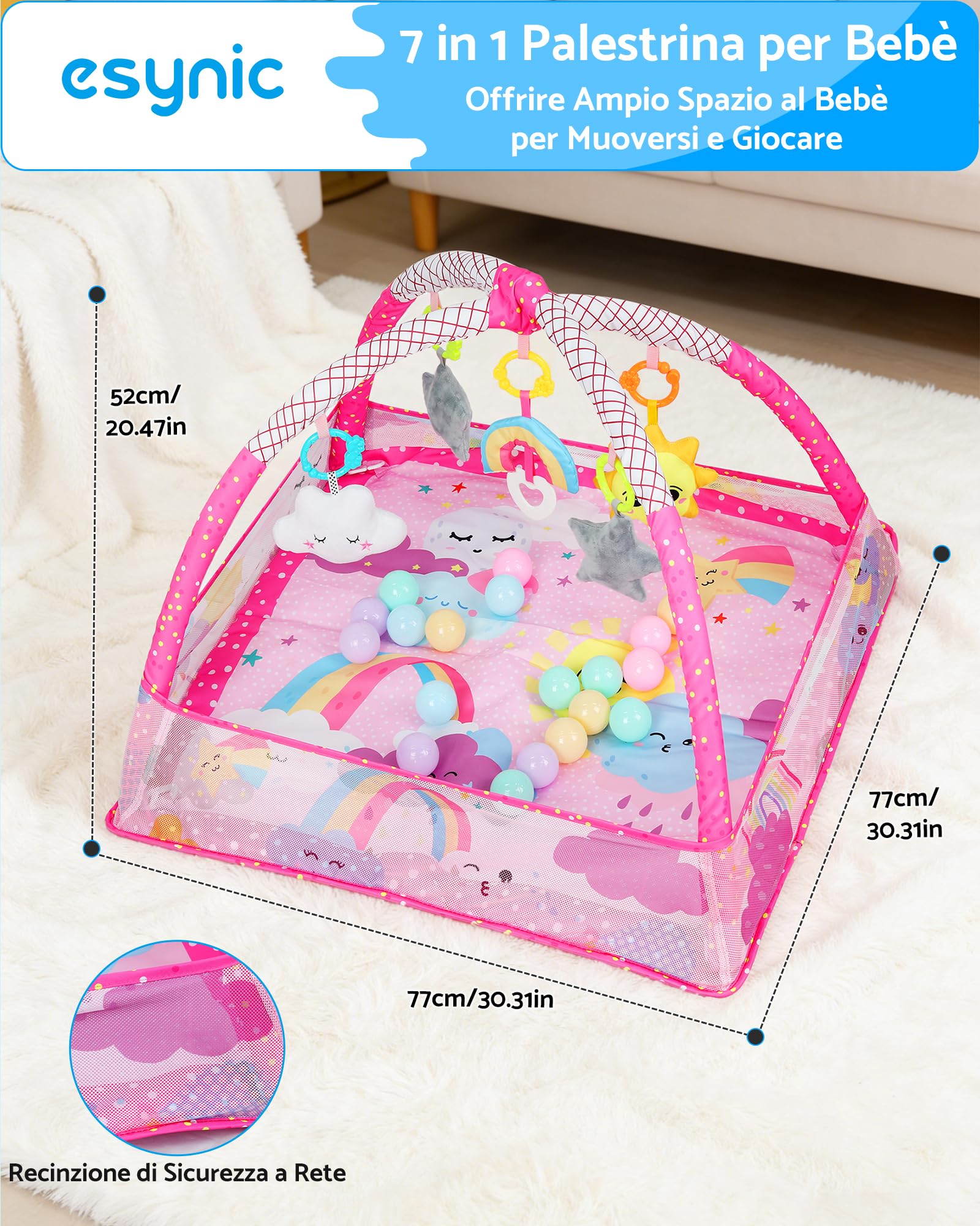 eSynic Tappeto Gioco per Neonati 77x77cm con 5 Giocattoli Sonori Sospesi Rimovibili, Piscina di Palline, Facile da Montare e Lavare, Sviluppo Sensoriale, Palestrina per Piccoli 0-18 Mesi - Cielo Rosa