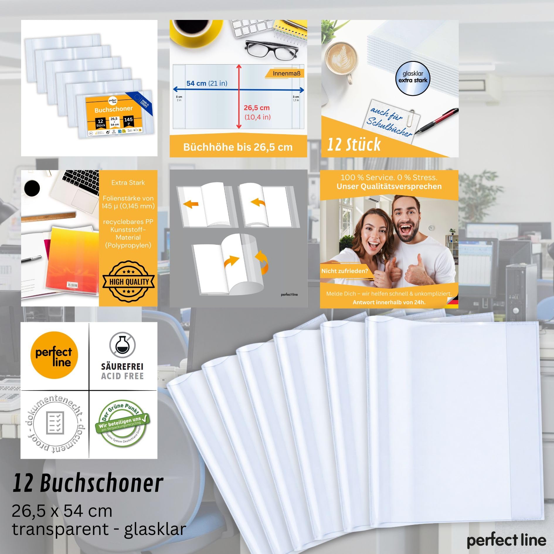 perfect line – 12x Buchumschlag 26,5 cm Höhe – Schulbuchhülle extra stabil aus PP – Buchschoner glasklar, transparent, abwischbar – Hülle bis 54 cm Breite – Made in EU – ideal für Bücher