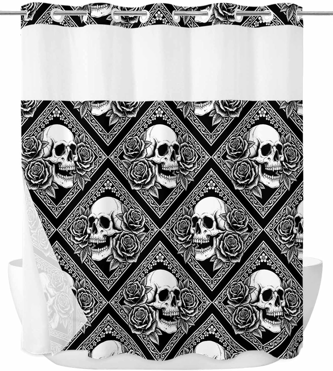 Gray Skulls No Hook Shower Curtain with Snap in Liner Abstract Baroque Dark Rose Rustic Plants Farmhouse Shower Curtain for Bathroom, Fabric Waterproof Inner Liner with Mesh Top Window, 72x78