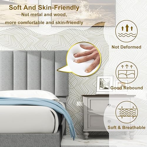 Miniatura 3 de Mhjinuwet Base de cama de tamaño matrimonial, plataforma tapizada de tela de lino con cabecero, fácil montaje, no necesita somier, antideslizante y