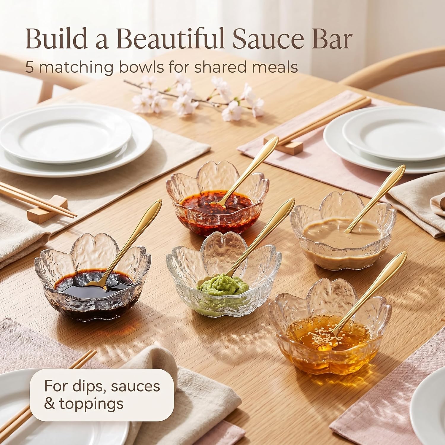 Sakura Shape Clear Dipping Dishs (Clear-6pcs+spoon) 1.5 oz Soy Sauce Dishes for Dipping Sauce, Condiments, Sushi, Snacks