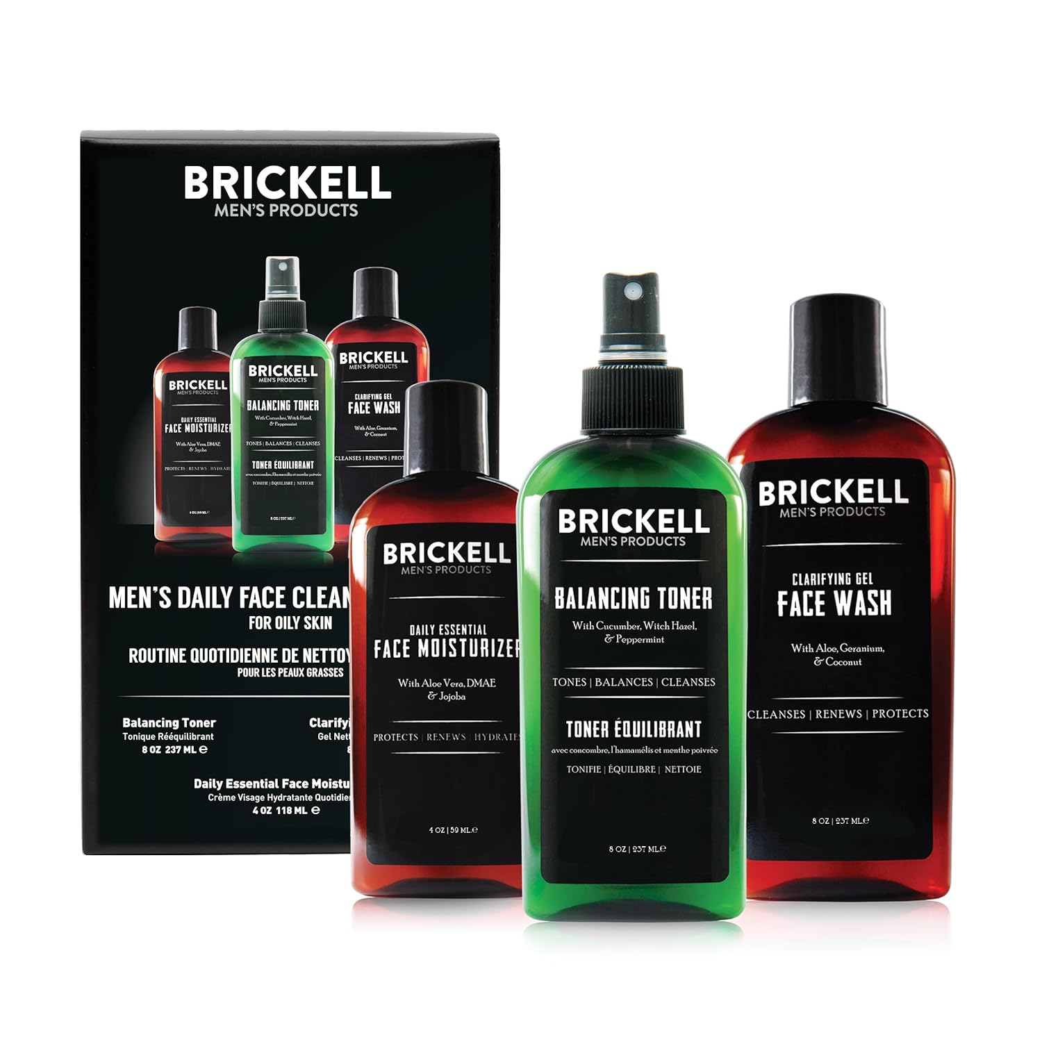 Brickell Men’s Daily Face Cleanse Routine for Oily Skin, Alcohol Free Toner, Gel Facial Wash and Moisturizer, Natural and Organic, Unscented