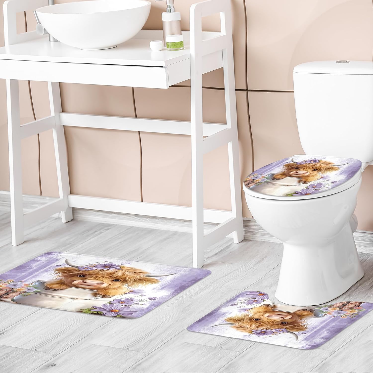 Riyidecor Purple Highland Cow 4Pcs Bathroom Shower Curtain Sets Western Rustic Daisy Floral Bathroom Decor Set with Rugs and Accessories Cute Toilet Lid Rug, Contour and Bath Mat with 12 Hooks