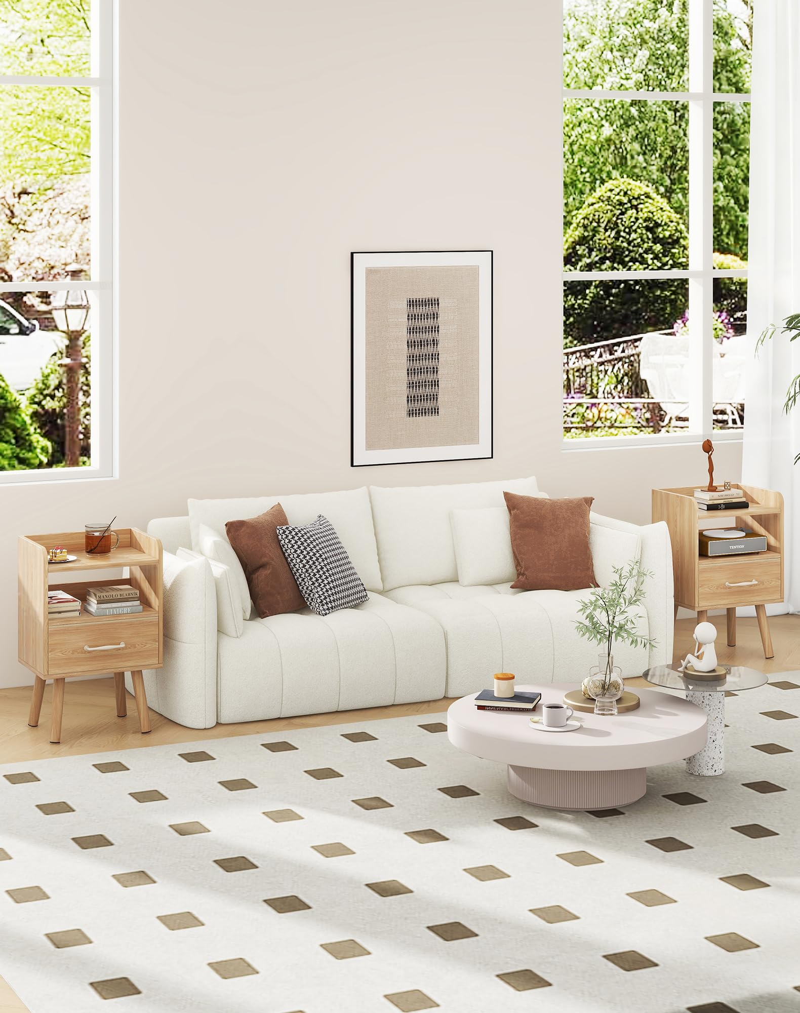 YMYNY Set de 2 Mesitas de Noche, Mesa Auxiliar de Sofá, Mesa de Madera, Cajón con Tela Removible, Ripiano Abierto, 39x29x62 cm, para Dormitorio, Salón, Natural HST021N-2