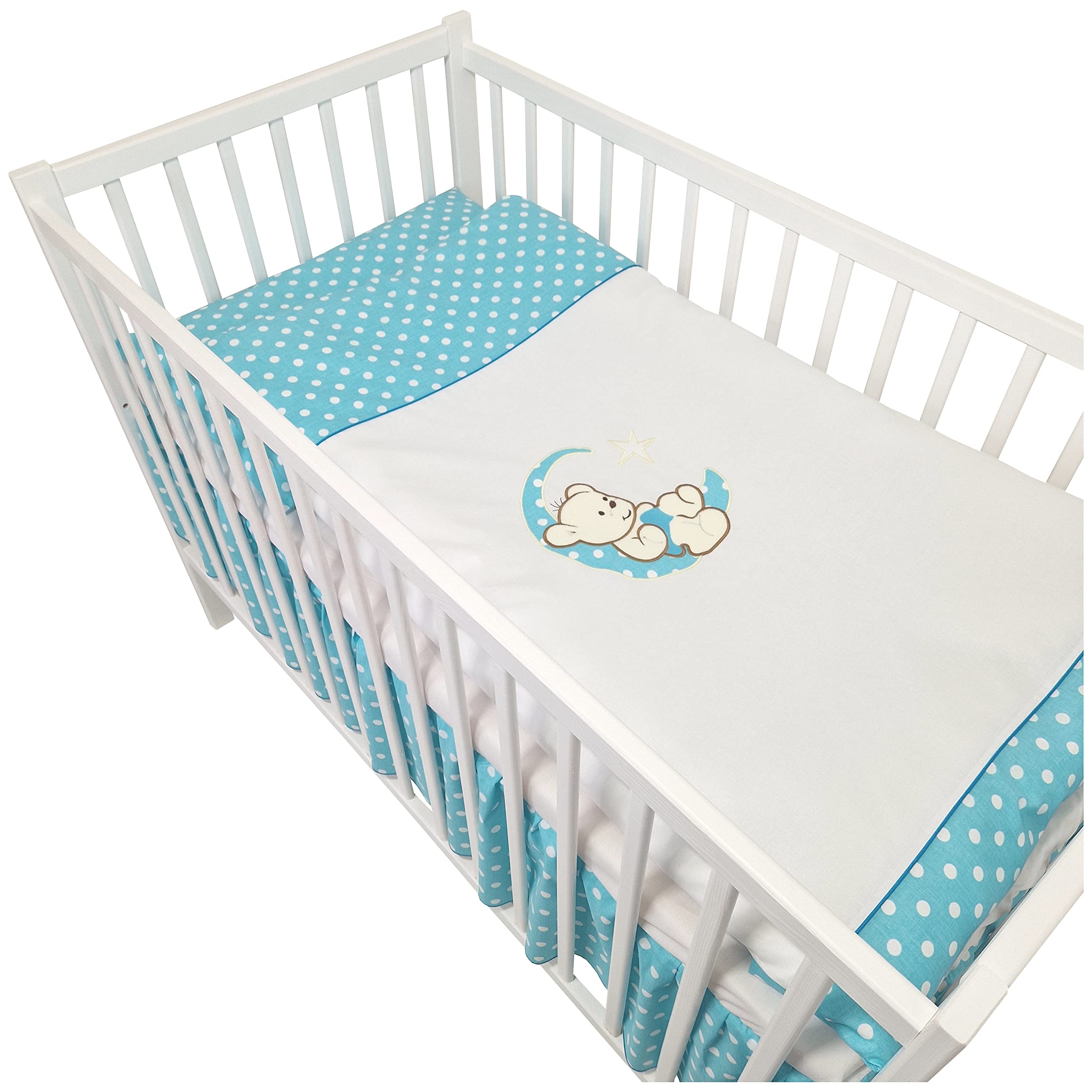 Happy Leo Set Completo 13 Pezzi Culla Lettino Materasso Regolabile Legno Massiccio Ricamato Orsetto Luna Azzurro