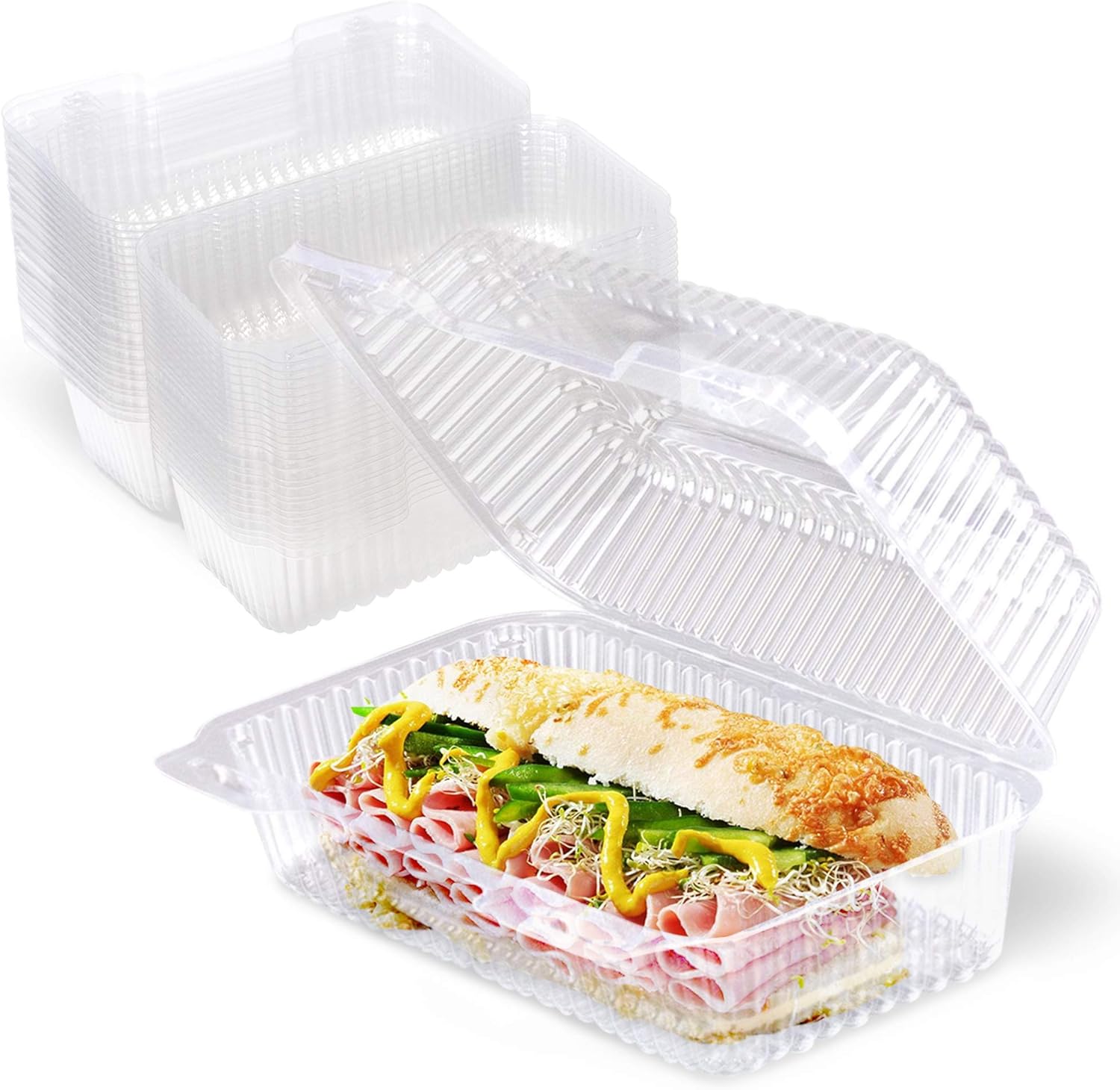 [25 Pack] Clear Hinged Plastic Containers 9x5x3” Single Compartment