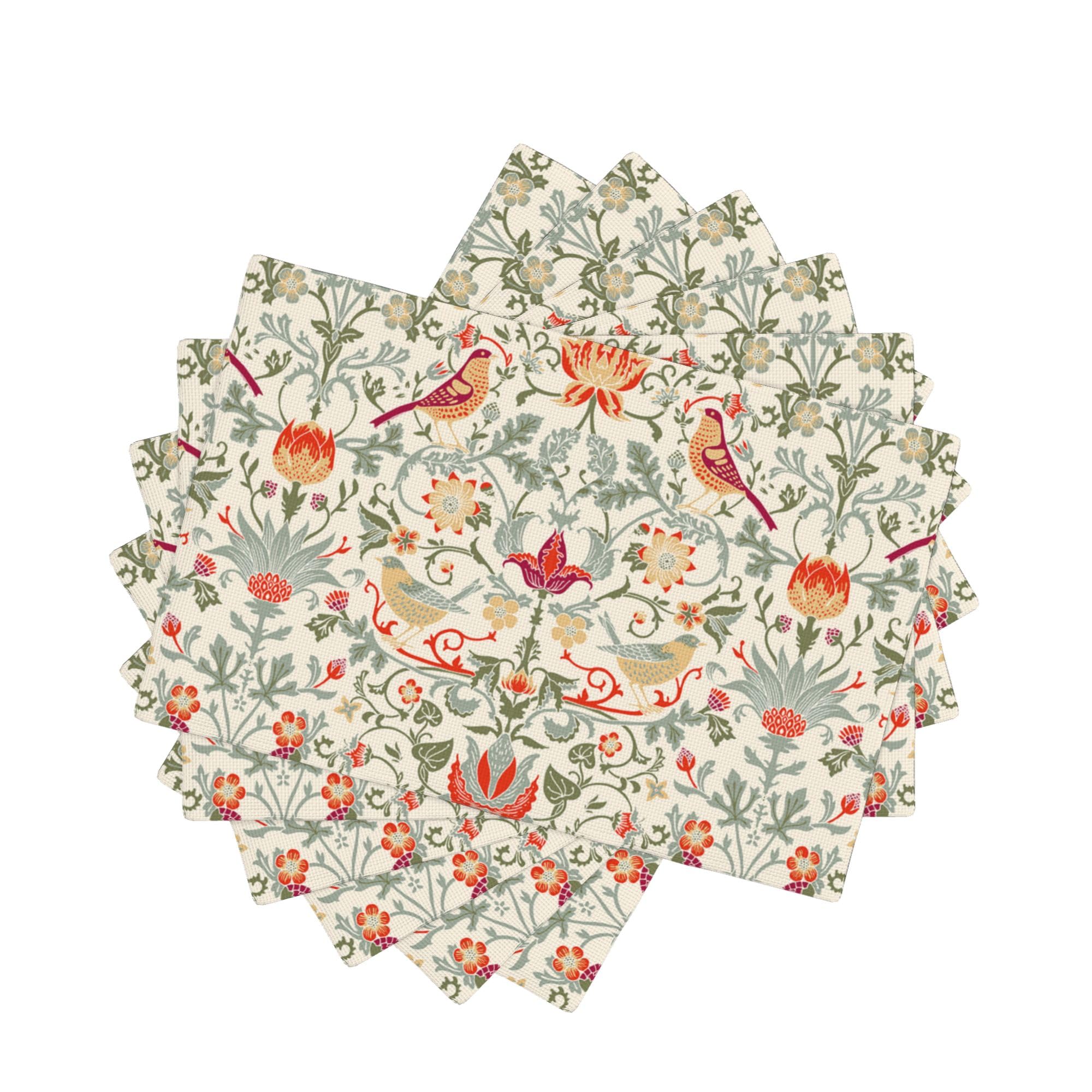 William Morris Placemats Set of 6, Strawberry Thieves Heat Resistant Non-Slip Washable Placemats for Kitchen Dining Party Indoor Outdoor, 12x18 Inches