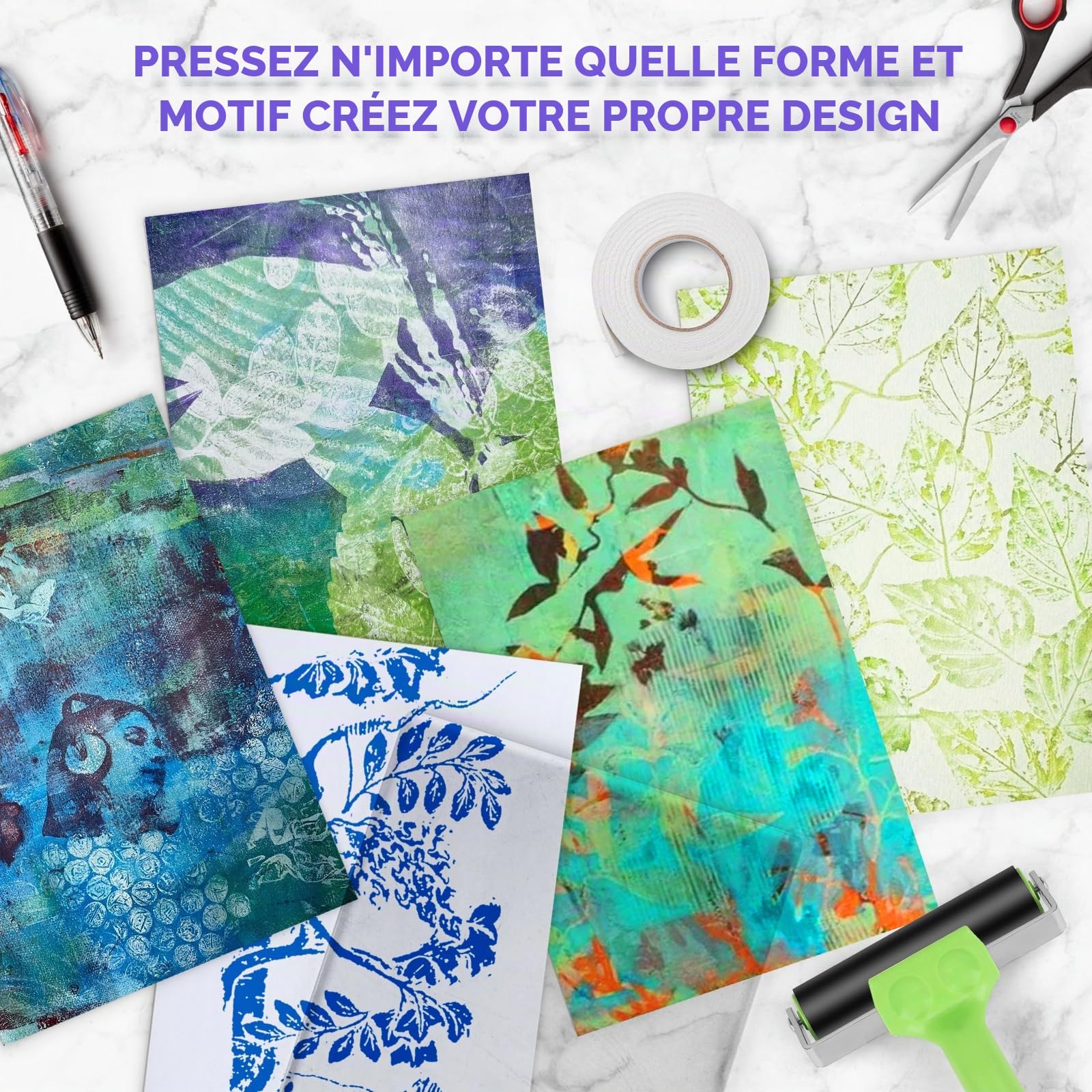 Plaque d'impression en gel avec rouleau en caoutchouc, 20 x 25 cm, transparente, monoprinting