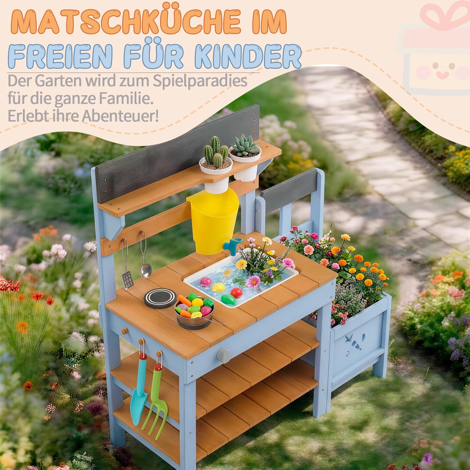LEADZM Matschküche Kinder Outdoor Kinder mit Pflanzkasten, Spüle, Herd