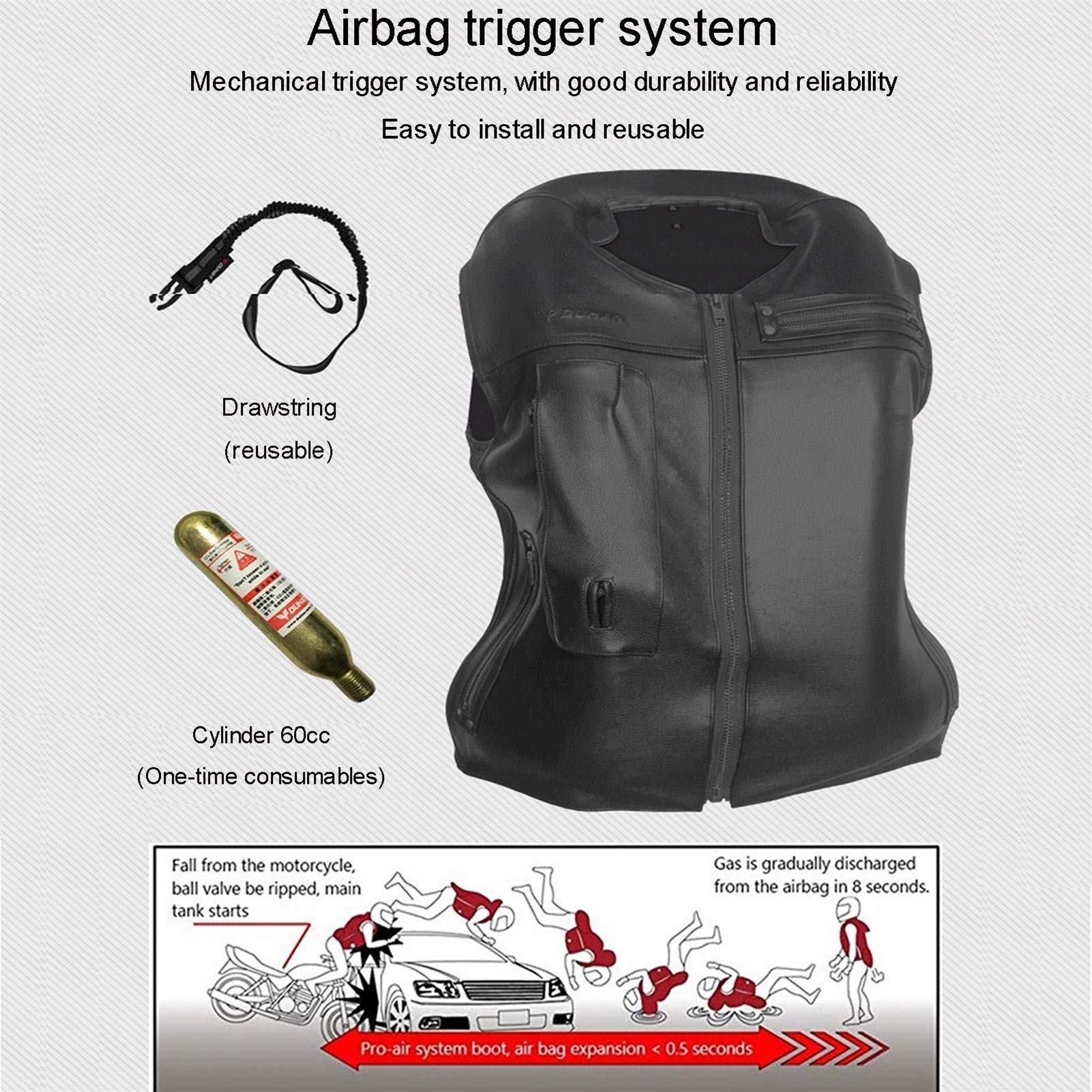Leder Motorrad Airbag Weste Schutzweste Airbag Weste mit abnehmbarer Schutzausrüstung ersetzen die CO2 Gasflasche für mehrere Anwendungen und kann gereinigt werden (nicht mit CO2-Zylinder)
